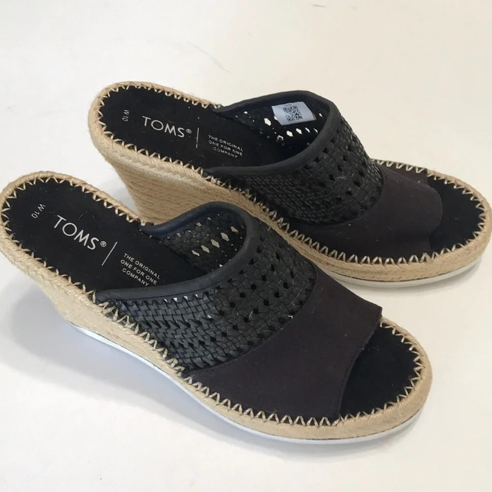 Toms espadrilles wedge platform canvas meal size 10 W black sandal